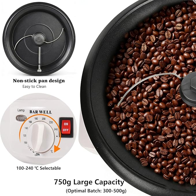 Home Coffee Roaster Household Electric Coffee Bean Baker Nut Peanut Cashew Chestnuts Roasting Machine Adjustable Temperature 1.6 Pounds Capacity for Cafe Shop/Home No Stovetop Required Smoke Reduce