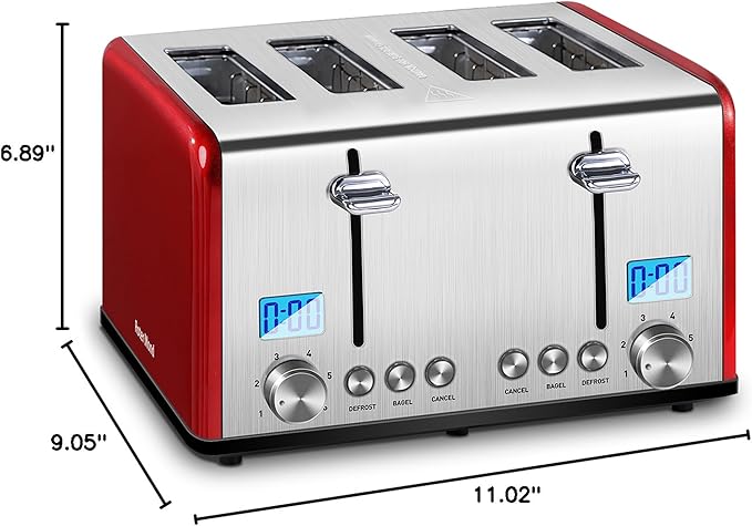 Roter Mond Countdown Stainless Steel 4 Slice Toaster with Bagel Defrost Cancel Function Dual Toaster Extra Wide Slots 6 Shade Settings Removable Crumb Trays 1650W Red
