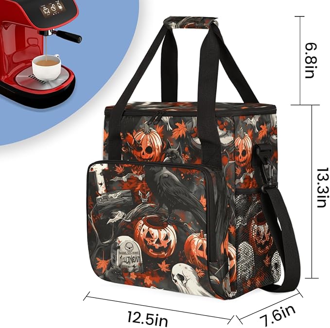 Halloween Crow Coffee Maker Carrying Bag Portable Travel Storage Tote Bag Compatible with K-Mini or K-Mini Plus Single Serve Coffee Brewer Carrying Case with Multiple Pockets &amp Shoulder Strap