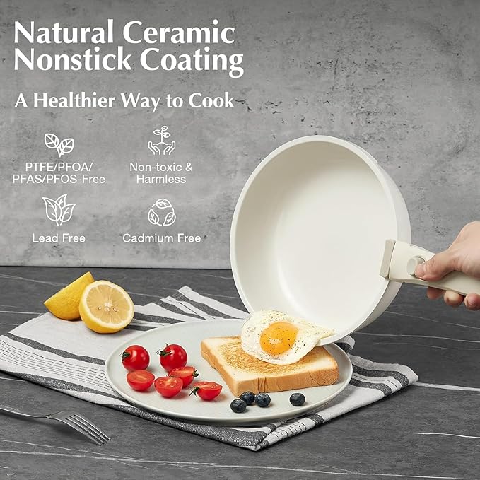 White Non-Stick Ceramic Cookware Set 5-Piece Pots and Pans Set with Detachable Handles Perfect for Everyday Cooking RV Camping and Compact Kitchens Induction Compatible PFOA &amp PTFE Free