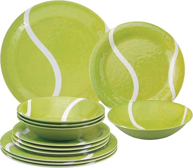 UPware 12 Piece Tennis Melamine Dinnerware Sets Outdoor Dishes Set Plates and Bowls Sets Service for 4 Rreen