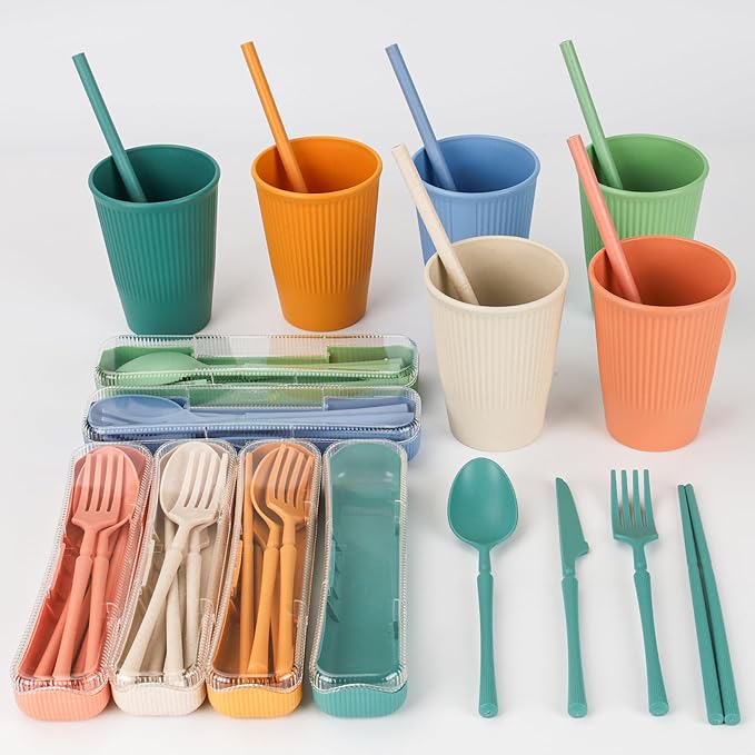 66pcs Unbreakable Tableware Sets for 6 People Plastic Plates and Bowls SetLightweight Plastic Reusable Plates Bowls CupsCutlery Set Straw ForksChildren Dinnerware Set