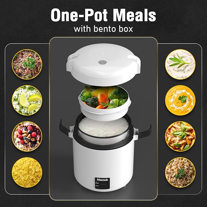 Mini Rice Cooker 1-1.5 Cups Uncooked(3 Cups Cooked) Rice Cooker Small with Bento Box Removable Nonstick Pot One Touch&ampKeep Warm Function Portable Cooker for Soup Grain Oatmeal Veggie Black