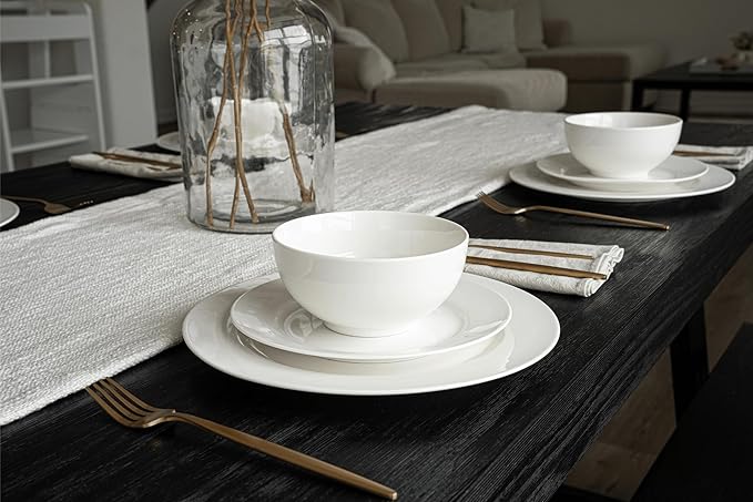 New Bone China 12 Piece Dinnerware Set Santorini Collection (Pure) White Daily Use China Tableware Service for 4