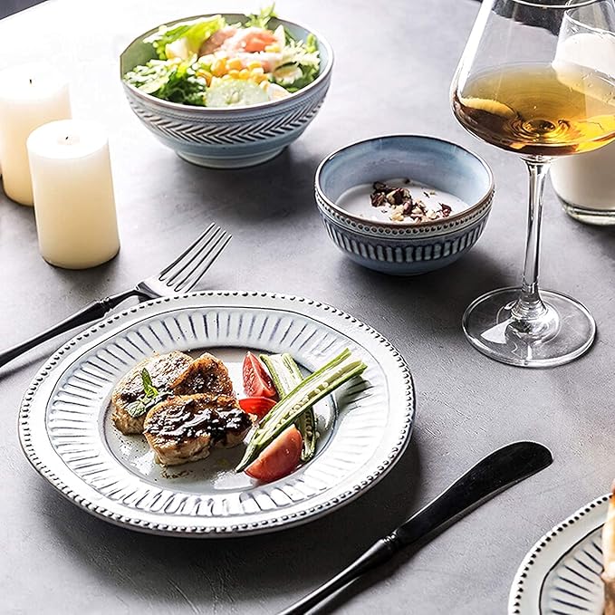 Ceramics Dinner Sets 16 Pieces Relief Craft Porcelain Dinnerware Set|Retro Blue and White Cereal Bowl Steak Plate and Soup Bowl