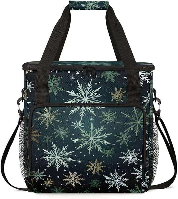 Xmas Snowflakes Coffee Maker Carrying Bag Magical Snowflakes Travel Storage Bag Compatible with K-Mini or K-Mini Plus Single Serve Coffee Brewer Carrying Case with Multiple Pockets &amp Shoulder St