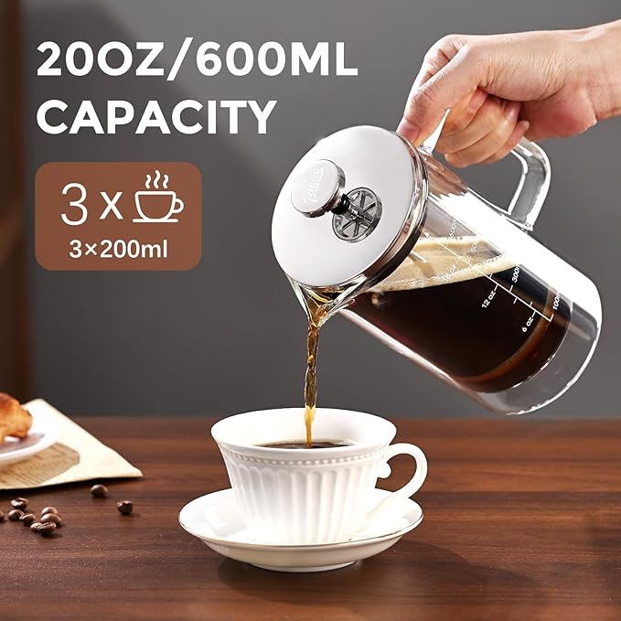 Bincoo French Press Coffee Maker 600MLDouble Wall Insulated Borolicate Glass French Press for Tea and Frothed Milk Press