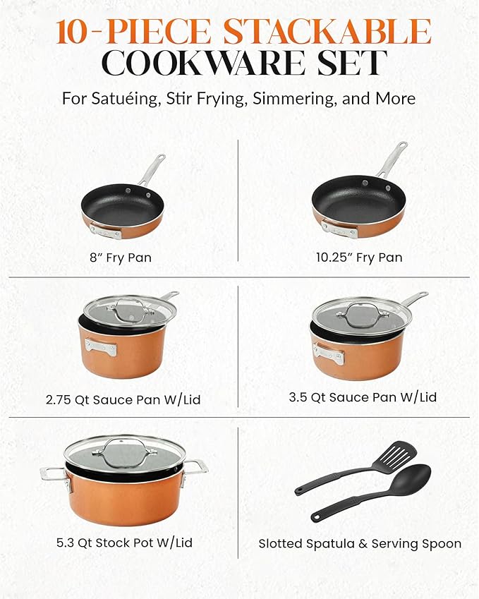 Gotham Steel Stackmaster Pots &amp Pans Set – Stackable 10 Piece Cookware Set Saves 30% Space Ultra Nonstick Cast Texture Coating Includes Fry Pans Saucepans Stock Pots and More – Dishwasher Saf