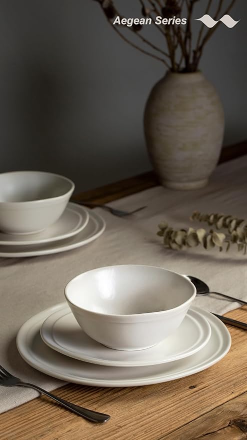 Famiware Aegean Dinnerware Set for 4 Plates and Bowls Sets 12-Piece Stoneware Scratch Resistant Dinner Set Handmade Irregular Round Dishes Microwave and Dishwasher Safe Matte White