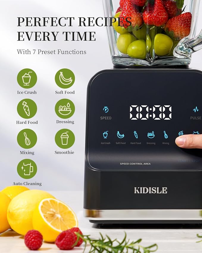 1200W Professional Smoothie Blender for Shakes 52oz Glass Jar Ice Crush Puree 9-Speed Touchscreen with Pulse &amp 7 Functions Black