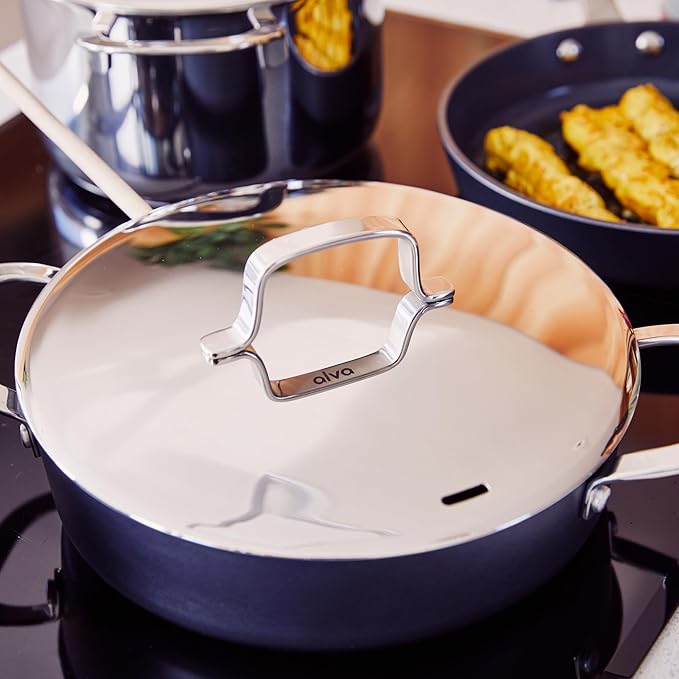 Alva Maestro 3.5-Qt Nonstick Ceramic Sauté Pan with Lid – Black | No PTFE PFOA or PFAS | Induction &amp Oven Safe | Even-Heating Easy-Clean Everyday Pan for Searing &amp One-Pan Meals