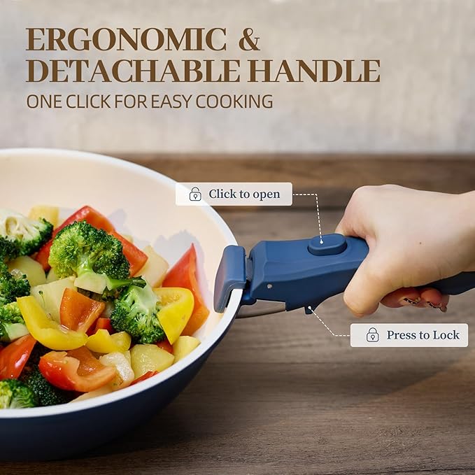 23Pcs Ceramic Cookware Set Non Stick Pots and Pans Set Non Toxic with Detachable Handle Induction Kitchen Cookware Set Space Saving Oven &amp Dishwasher Safe Navy