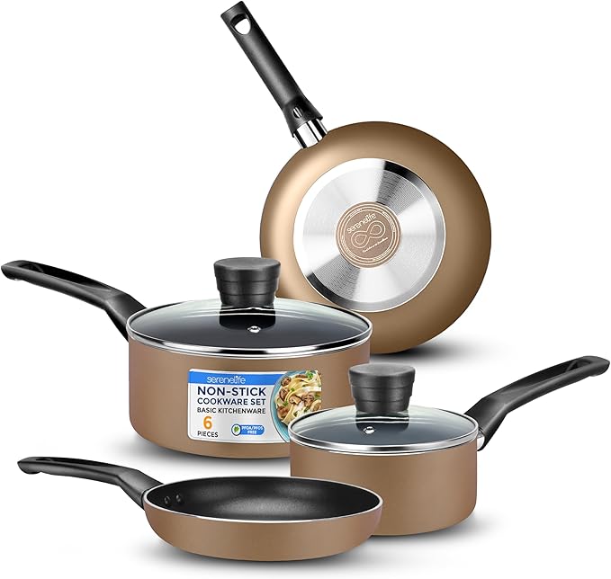 SereneLife 6-Piece Pots and Pans Set – Nonstick Cookware Black Coating Heat-Resistant Dishwasher safe Includes Fry Pans Saucepans with Lids Color Gold