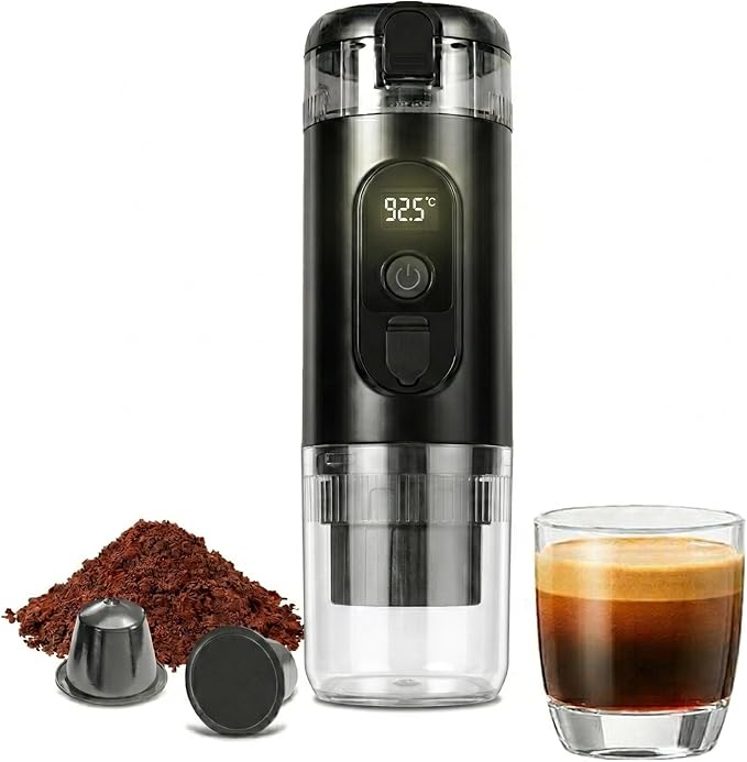 Portable Espresso MakerElectric Travel Coffee Machine with Self-Heating and 20 Bar Pressure USB-C Rechargeable Smart Display 2-in-1 Capsule and Ground Compatible for Camping RV Car and Office