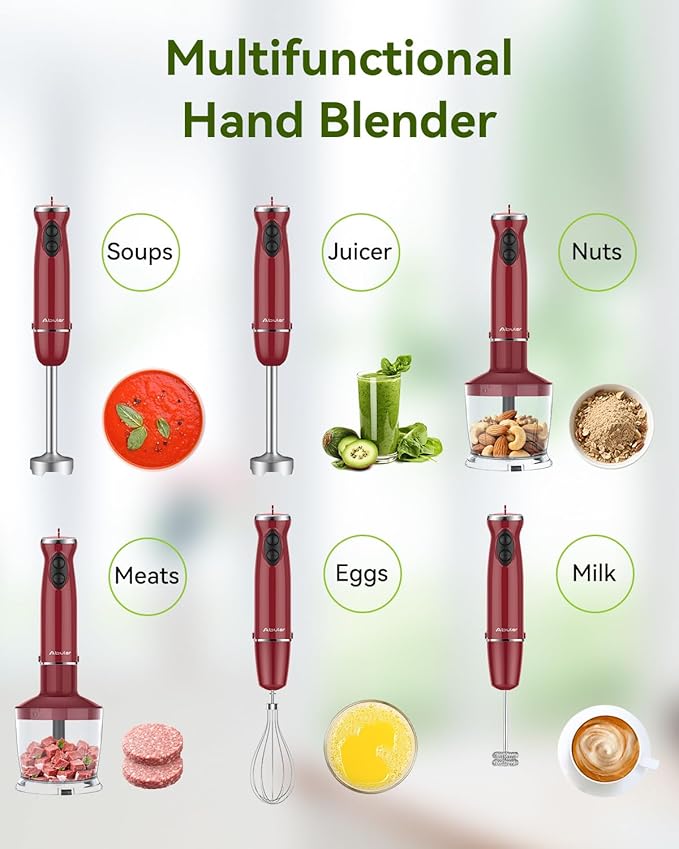 Immersion Blender 5 in 1 Hand Blender Abuler 1000W Hand Mixer Stick12 Speed Handheld Blender 304 Stainless Steel with 600ml Mixing Beaker 500ml Chopper Whisk and Milk Frother for Soup Baby Food