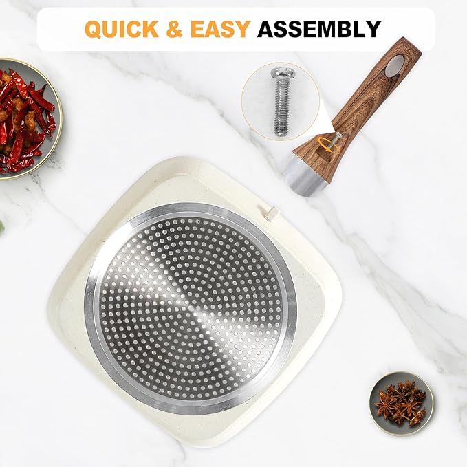 DUMOS 3 Pcs Grill Pans Set Nonstick Square Frying Pan Skillet Set with Stay Cool Handle &amp PFOA Free Compatible with All Stovetops (9.5 10 11) Light White