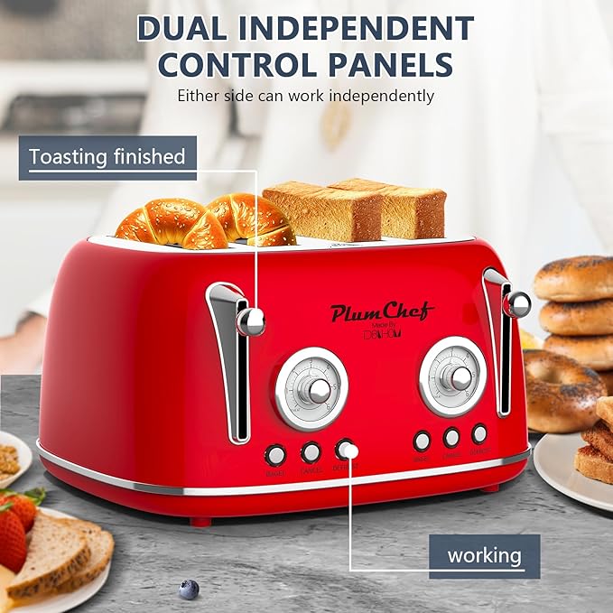 Toaster 4 Slice Dual Control Toaster with Warming Rack 6 Browning Settings Bagel/Defrost Functions Removable Crumb Tray Stainless Steel Housing 1650W Retro Style Toasters for Toast Red