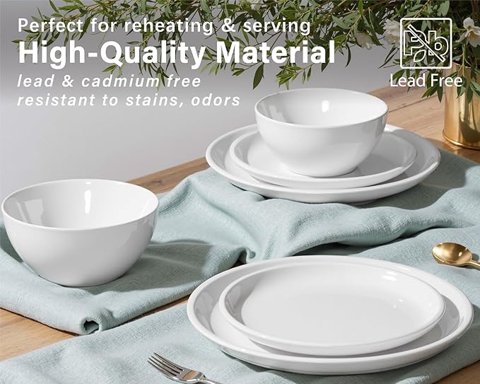 ONEMORE Plates and Bowls Set for 4 - Microwave &amp Dishwasher Safe Porcelain Dinnerware Set Service for 4 - Ceramic Dishes Set(12 Pcs) - White