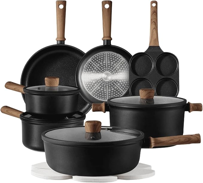 Non-Stick Titanium Cookware Set Multi-Functional Frying Pans Sauce Pans with Lids Cooking Pot Sets Pots and Pans Set with All Stovetops for Boiling/Stir-Frying/Stewing18Piece