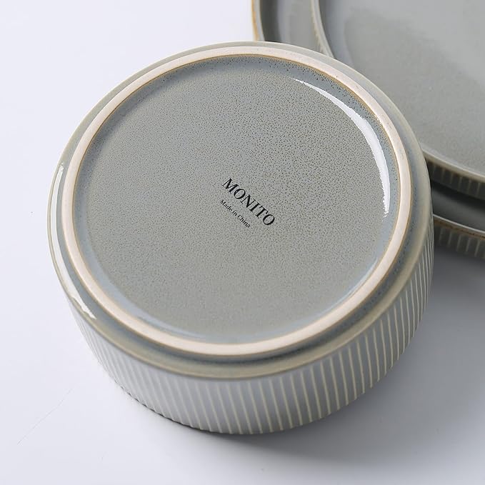 MONITO Ceramic Dinnerware Sets for 6 18PCS Stoneware Plates and Bowls Sets Reactive Glaze Dish Set Chip and Scratch Resistant Double Microwave and Dishwasher Safe Sage Mist