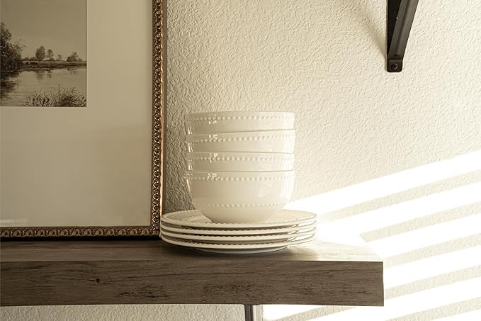 New Bone China 12 Piece Dinnerware Set Santorini Collection (Beaded) White Daily Use China Embossed Tableware Service for 4