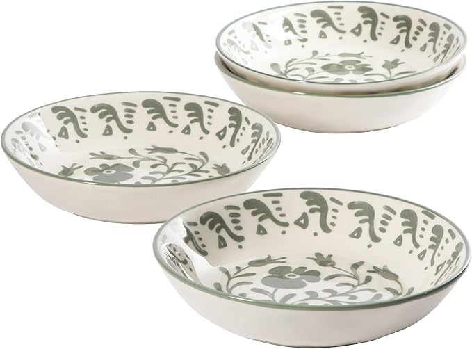 Bloomhouse - 2-Time Oprah’s Favorite Things - Valencia Flor 4 Piece Dinner Bowl Set 8” Stoneware Pasta Bowls Mediterranean Floral Decal Design Microwave &amp Dishwasher Safe Fern Green
