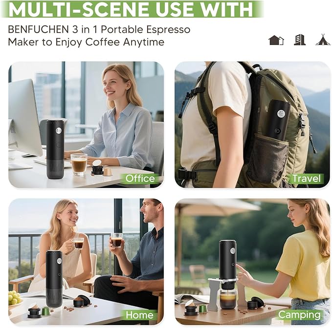 BENFUCHEN 3 in 1 Portable Electric Espresso Machine for Nespresso Capsule Travel Coffee Maker with Ground Coffee for Camping RV Hiking OfficeCar Coffee Maker Self-Heating with USB-C (Black)