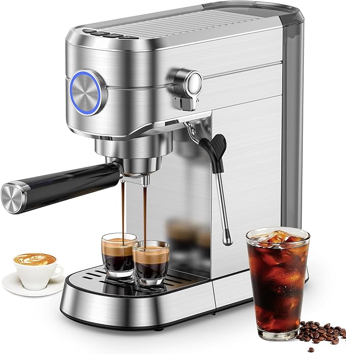 Kndko Espresso Machine 20 Bar Espresso Maker with Milk Frother Compact Stainless Steel Coffee Machine with 34oz Removable Water Tank for Cappuccino Latte