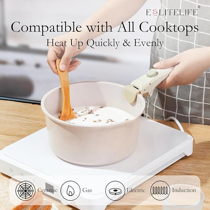 ESLITE LIFE Nonstick Cookware Sets with Detachable HandleCeramic Coating Pots and Pans Set Kitchen Cooking Set Compatible with All Stovetops PTFE &amp PFOA Free White 10 Pcs Set