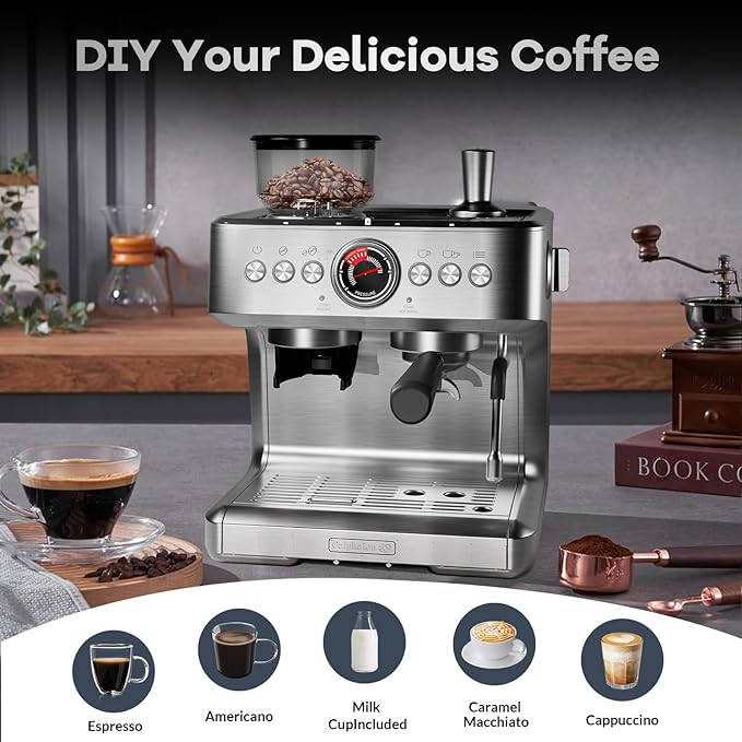 Garvee Espresso Machine with Grinder &amp Milk Frother 20 Bar Professional Pressure &amp 95Oz Large Water Tank Semi-Automatic Coffee Maker for Cappuccino/Latte/Macchiato Design for Home Barista