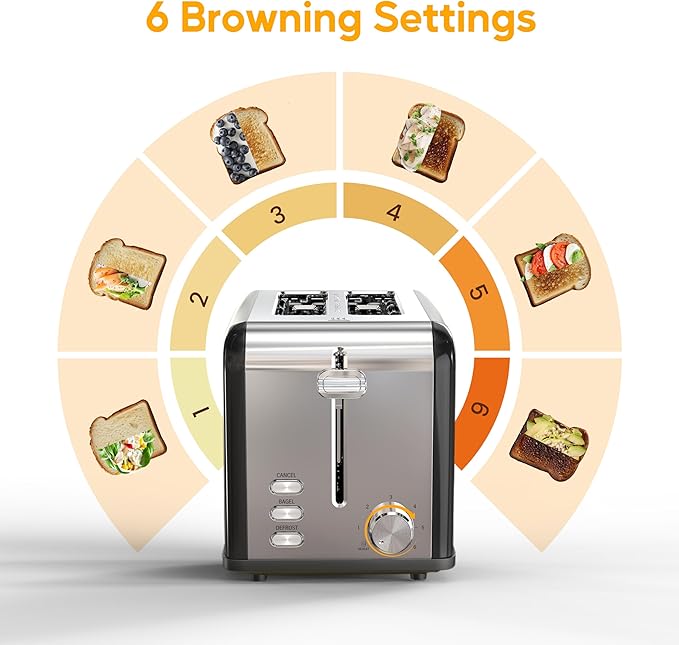 HealSmart 2-Slice Stainless Steel Toaster 6 Browning Setting and 3 Function Toaster Extra Wide Slot &amp Removable Crumb Tray for Bread &amp Waffle Black
