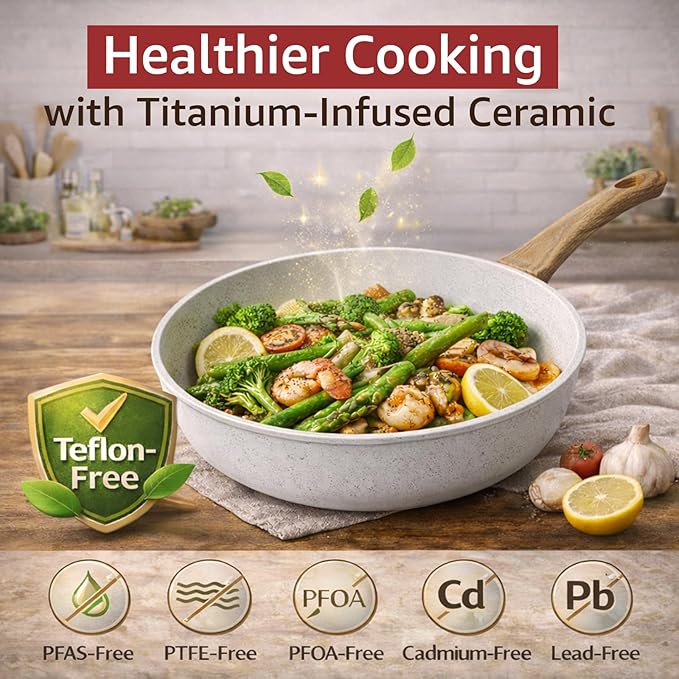 24Pcs Pots and Pans Set Non StickCeramic Cookware Set with Titanium-Reinforced Nonstick CoatingLong-LastingPFAS-FreeInduction CompatibleFull Kitchen Set with 3 Stock Pots for Family Cooking
