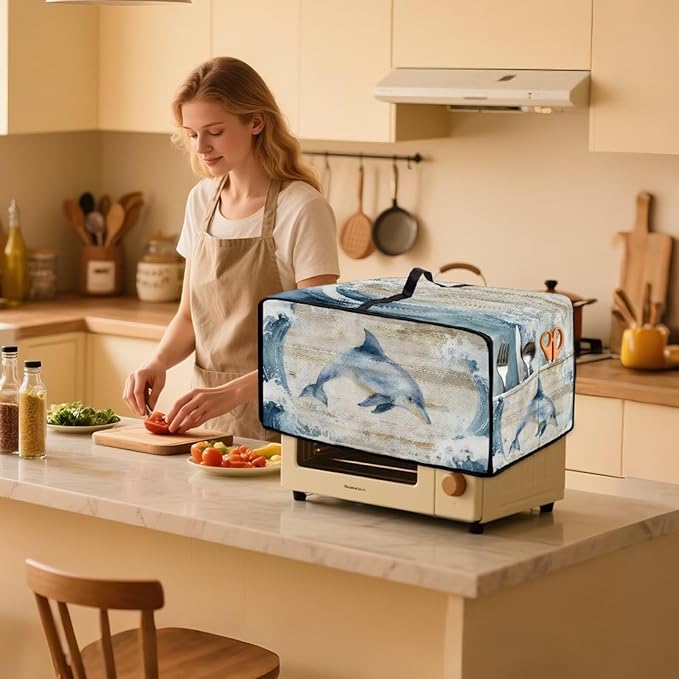 Dolphin Print Toaster Oven Air Fryer Cover Heavy Duty Bread Maker Machine Covers with Accessory Pockets Kitchen Small Appliance Accessories M