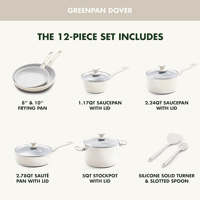 GreenPan Dover Healthy Ceramic Nonstick 12 Piece Cookware Pots and Pans Set PFAS-Free Dishwasher Safe Comfort Grip Handle Cream White