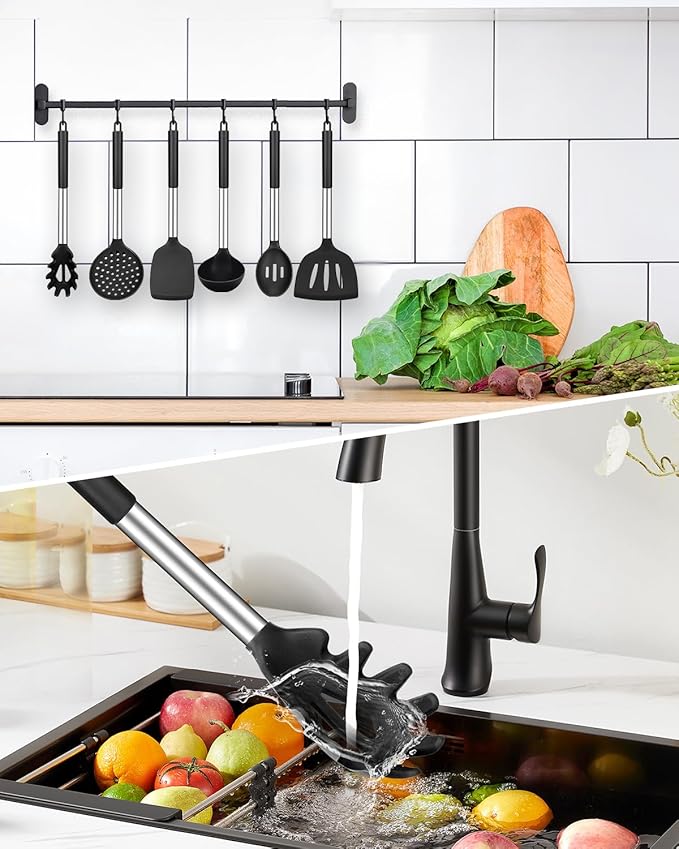 Silicone Cooking Utensil Set 8Pcs Non-stick Cookware with Stainless Steel Handle BPA Free Heat Resistant Kitchen Tools with Spatulas Turners Spoons Skimmer and Pasta Fork