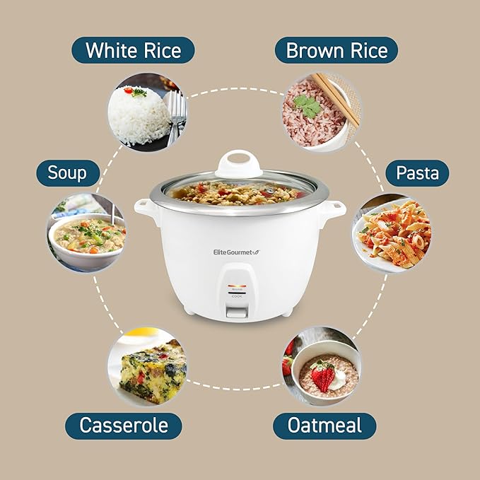 Elite Gourmet ERC-2020 Electric Rice Cooker with Stainless Steel Inner Pot Makes Soups Stews Grains Cereals Keep Warm Feature 20 Cups Cooked (10 Cups Uncooked) White