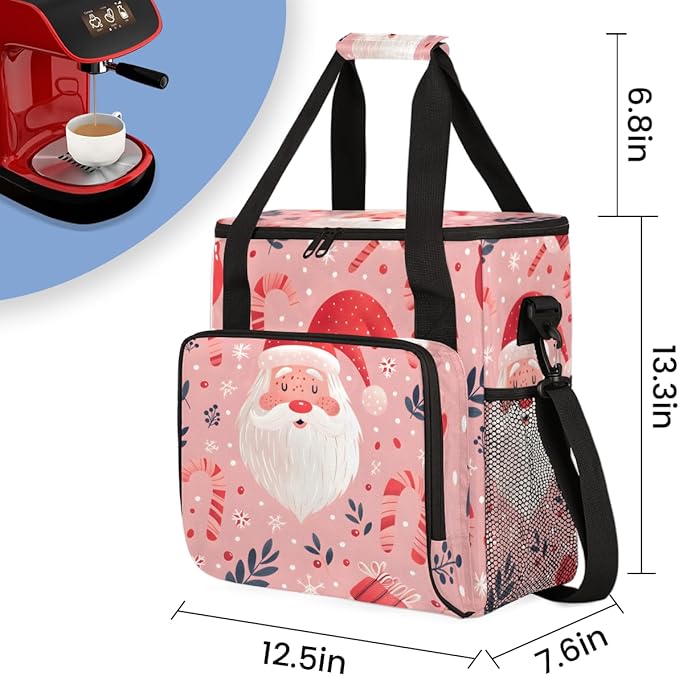 Abstract Santa Claus Coffee Maker Carrying Bag Retro Santa Claus Travel Storage Bag Compatible with K-Mini or K-Mini Plus Single Serve Coffee Brewer Carrying Case with Pockets &amp Shoulder Strap