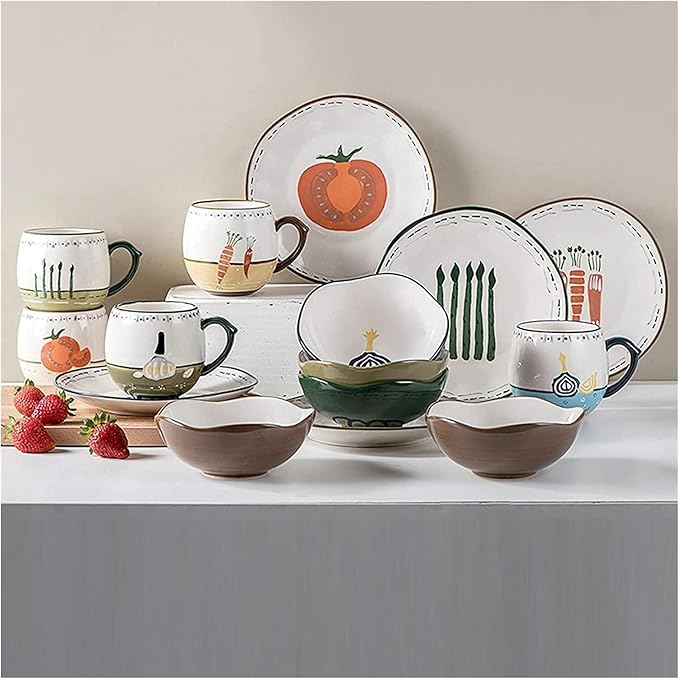 Dinnerware Sets - Luxury Gift Dishes Service Set Ceramics Dinner Sets 20 Pieces Hand Drawn Vegetable Pattern Porcelain Dinnerware Set | Mug Cereal Bowl and Steak Plate