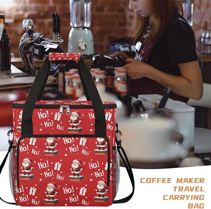 Merry Christmas Santa Claus Gift Coffee Maker Carring Bag Travel Carrying Storage Tote Bag Compatible with Keurig K-Mini or K-Mini Plus Portable Single Serve Coffee Brewer Case with Pockets