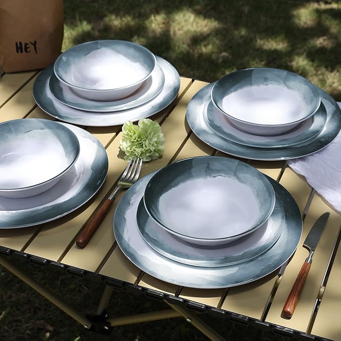 Melamine Dinnerware Sets-12 Pieces Outdoor Plates and Bowls Set for 4 Durable Dinner Plates for Camping Picnics Party Chip Resistant Dishes Grey Blue Dishwasher Safe