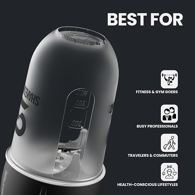 SHAKESPHERE Portable Blender for Shakes and Smoothies – 19oz Electric Personal Blender with Clear Tritan Cup USB-C Rechargeable Compact and Powerful for Travel Gym and Workout – Black