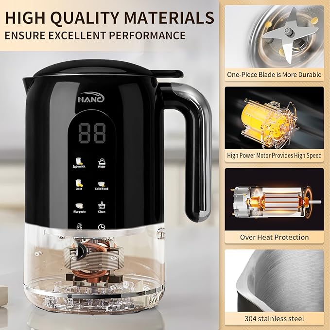 Nut Milk Maker Machine 42oz 8 in 1 Silent Automatic Nut Milk Machine Homemade Soy Milk Oat Puree Almond Milk Maker with Delay Start/Keep Warm/Boil Water/Self-Cleaning Black