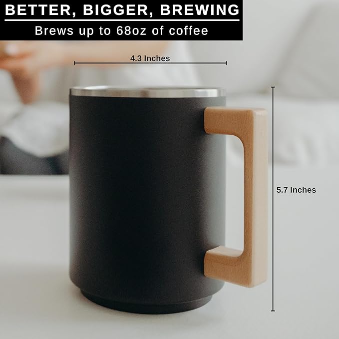 HASTINGS Pour Over Coffee Dripper - Stainless Steel Pour Over Coffee Filter Metal Paperless Reusable Double Mesh Cone Filter with Wood Handle - Coffee Maker for Single Cup Brew up to 68 OZ (Black)