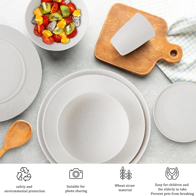 40 PCS Premium Wheat Straw Dinnerware Sets for 8 Unbreakable and Lightweight Dinner PlatesMicrowave Safe Plates and Bowls Sets for KitchenPicnic and PartyCereal &amp Salad BowlsWater Glasses(Bei