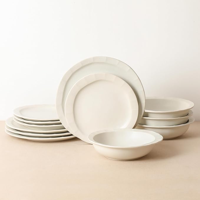 Stone Lain Oasis Stoneware 24 Piece Dinnerware Set Home Kitchen Dish Set with Dinner Plates Salad Plates &amp Bowls - Service for 8 White