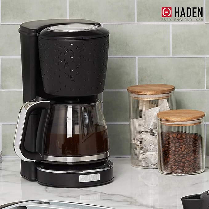 HADEN Starbeck Coffee Machine 10 Cup Automatic Drip Coffee Maker with Anti-Drip Function and Reusable Washable Water Filter Black &amp Chrome