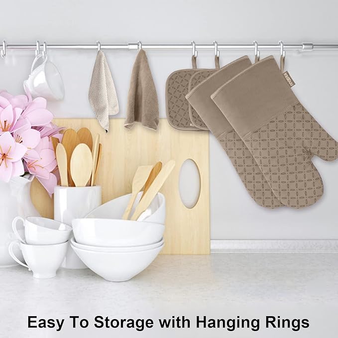 KEGOUU Oven Mitts and Pot Holders 6pcs Set Kitchen Oven Glove High Heat Resistant 500 Degree Extra Long Oven Mitts and Potholder with Non-Slip Silicone Surface for Cooking (Khaki)