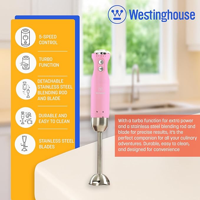 Westinghouse Hand Blender - 5-Speed Immersion Blender with Turbo Function Stainless Steel Blades &amp Rod 500W Power Detachable Easy Clean Design Best for Smoothies &amp Soups - Retro Appliance