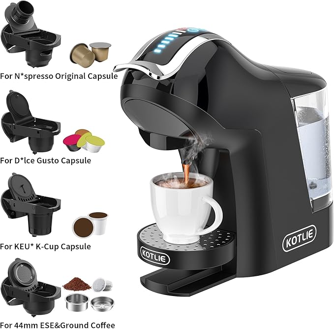 KOTLIE Single Cup Coffee Maker Multi Capsule Machine Compatible With Various Capsule Types 4 Temperature Settings 7 Water Volume Levels19 Bar(Glossy Black)