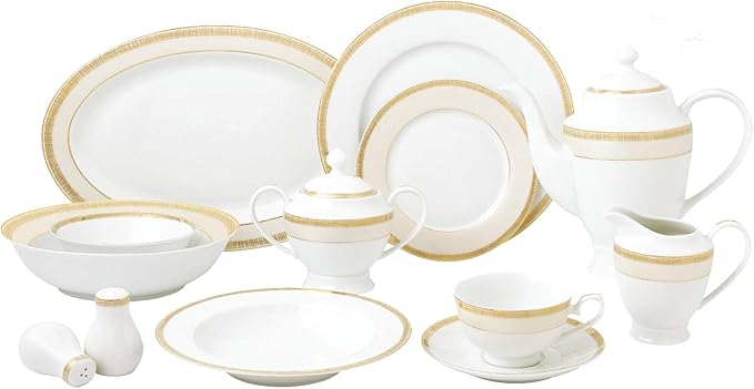 UKN 57 Piece Gold and Match Dinnerware Set-New Bone China Service for 8 People Banded Formal Round Dishwasher Safe